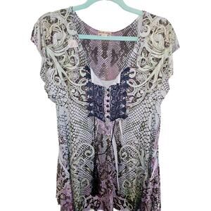 Boho Paisley Embroidered Tunic Top Purple Stretch Knit Women’s M Hippie Style